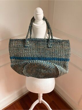 Handwoven Turquoise & Natural Sisal Tote Bag - Women's Beach Carryall